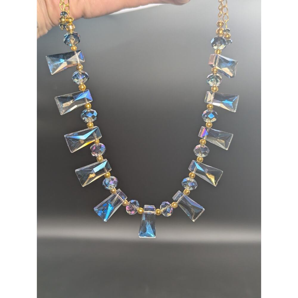 Gold Tone Crystal Aurora Borealis Statement Necklace Blue Purple Iridescent Read - Picture 8 of 12